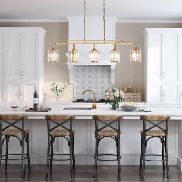 47.2 in. W 5-Light Plated Brass Island Linear Crystal Chandelier, Large Modern Glam Kitchen Dining Room Cylinder Pendant