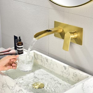 Modern Single-Handle Wall Mounted Bathroom Faucet with Deckplatein Brushed Gold