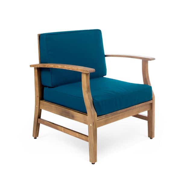 Noble House Giancarlo Teak Acacia Wood Outdoor Patio Club Chair with Blue Cushions