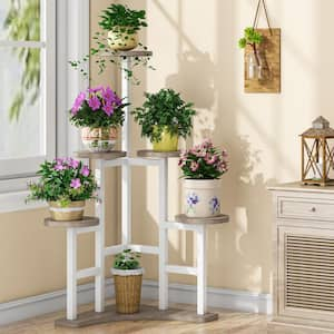 Wellston 43.7 in. Beige Round Wood Corner Plant Stand Indoor, 6 Tier Plant Shelf Flower Stand Tall Potted Plant