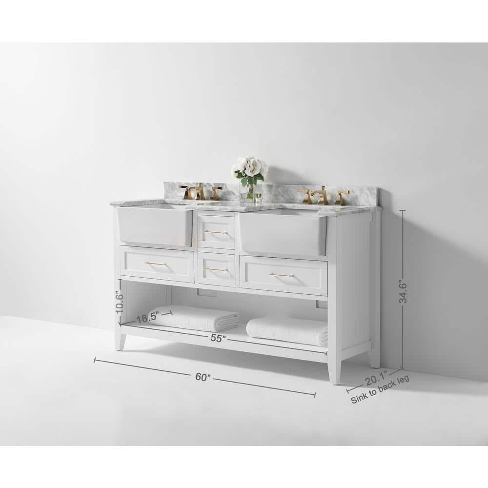 Hayley 60" White Farmhouse Double Basin Wood Vanity Set