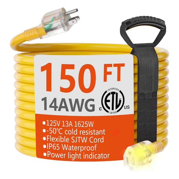 150 ft. 1625 Watt 14/3 Gauge Heavy Duty Extension Cord Outdoor Indoor Waterproof Tri-tap Lighted End Foot Switch Yellow