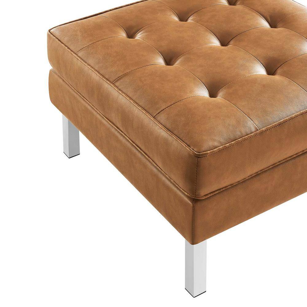 Loft Tufted Tan Faux Leather Ottoman with Silver Legs