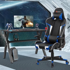 48.5 in. X-Shaped Black Gaming Desk and Black+Blue Racing Style Massage Chair Set Home Office