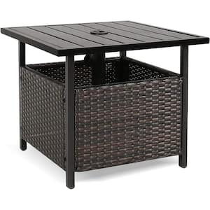 Outdoor Patio Rattan Wicker Umbrella Side Table Stand Table with Umbrella Hole