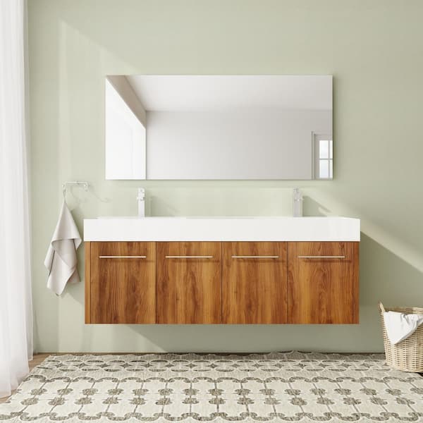 60 in. Wall-Mounted Double Brown Ebony Bath Vanity with White Resin Top Unassembled