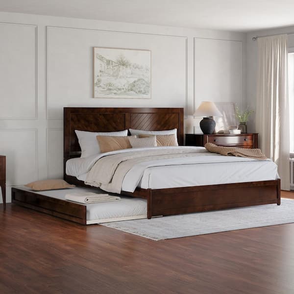 Clayton Walnut Brown Solid Wood Frame King Platform Bed with Panel Footboard Twin XL Trundle