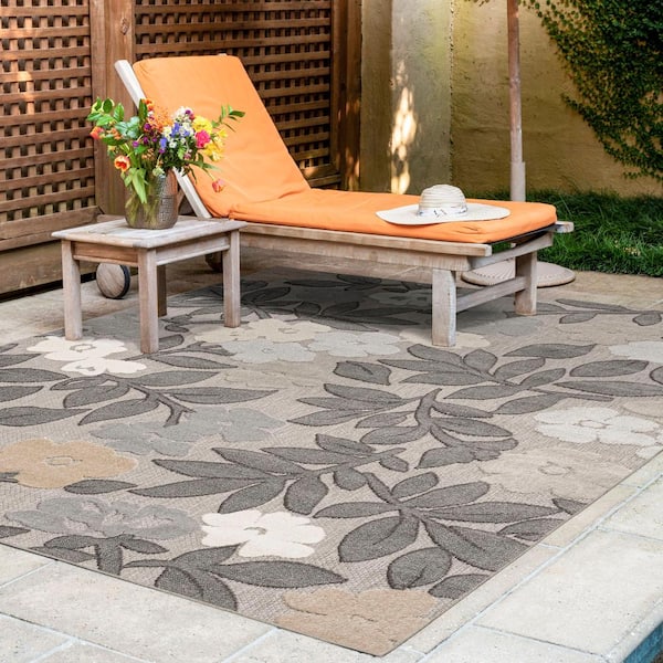 Oasis Floral Beige 8 ft. x 10 ft. Indoor/Outdoor Area Rug