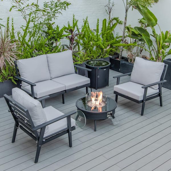 Leisuremod Walbrooke Black 5-Piece Aluminum Round Patio Fire Pit Set with Light Grey Cushions and Tank Holder