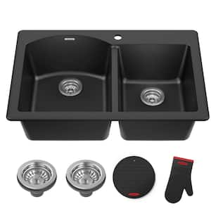 Forteza 33 in. Drop-In/Undermount 60/40 Double Bowl Black Granite Composite Kitchen Sink