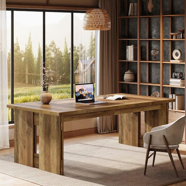 BYBLIGHT Moronia 63 in. Rectangle Brown Wood Computer Desk, Long Farmhouse Writing Table for Working