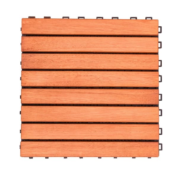 cadeninc 11 in. x 11 in. 8-Slat Reddish Brown Wood Interlocking Deck Tile for Outdoor, Indoor (Set of 10 Tiles)