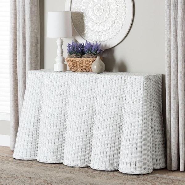 bali & pari Palm 54.3 in. White Rectangle Scalloped Wicker Rattan Console Table