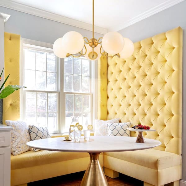 Shoshanna 5-Light Mid-Century Modern Gold Sputnik Polished Opal Glass Globe Bubble Chandelier for Dining Room