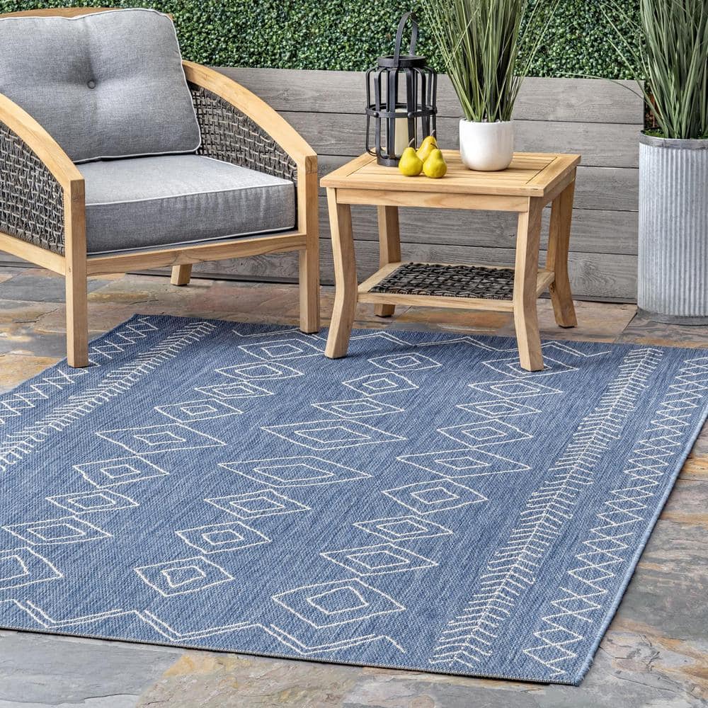 Blue Geometric Synthetic Easy Care Square Rug