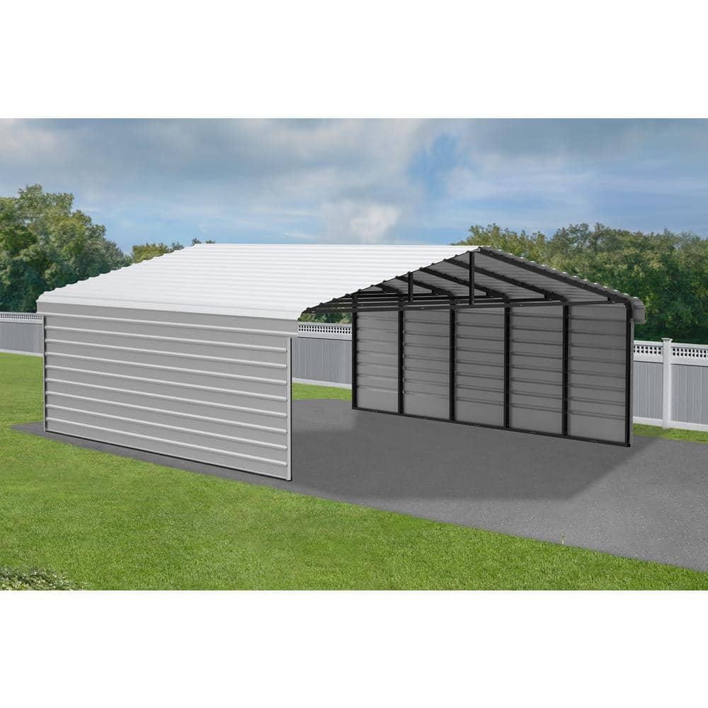 Eggshell Galvanized Steel Carport Kit with 2-Sided Enclosure