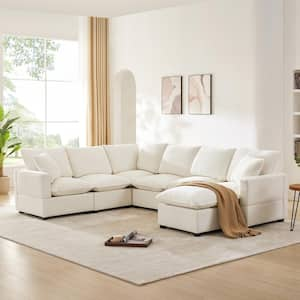 110 in. W Square Arm Chenille Modular Sectional Sofa in White with 2-Pillows