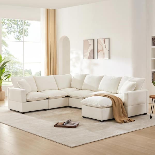 Harper & Bright Designs 110 in. W Square Arm Chenille Modular Sectional Sofa in White with 2-Pillows