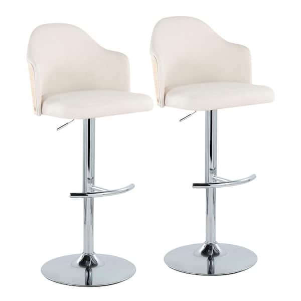 Lumisource Ahoy 33 in. Cream Fabric, Natural Wood and Chrome Metal Adjustable Bar Stool with Rounded T Footrest (Set of 2)