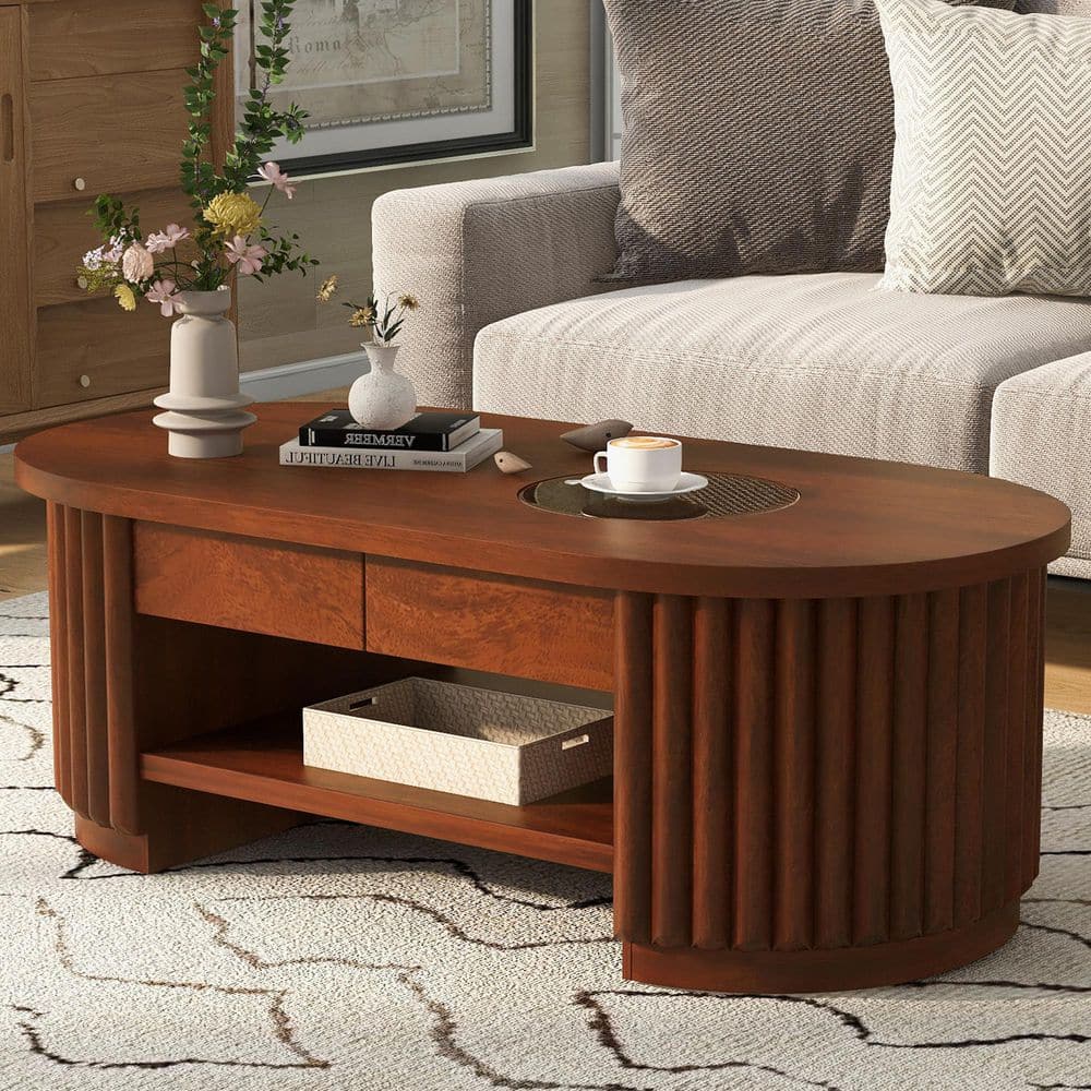 Brown 43.7 in. Mid-Century Fluted Oval Wood Coffee Table with Drawers, Round Tempered Glass Inset Top and Open Shelf price history on PriceWatchPro