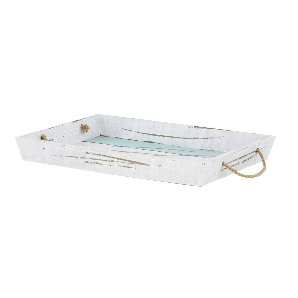 Nautical White and Blue Wood Rectangular Tray Set with Jute Handles
