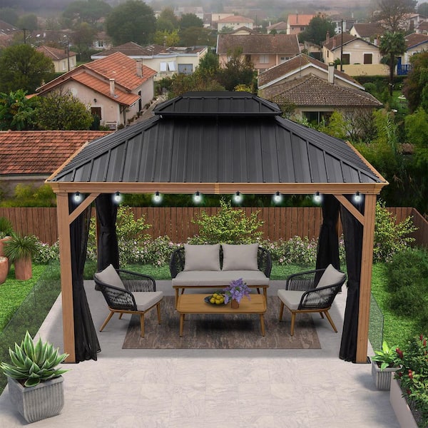 10 ft. x 12 ft.Wood Grain Patio Outdoor Gazebo for Backyard Hardtop Aluminum Frame with Hooks, Upgrade Netting 24-Lights