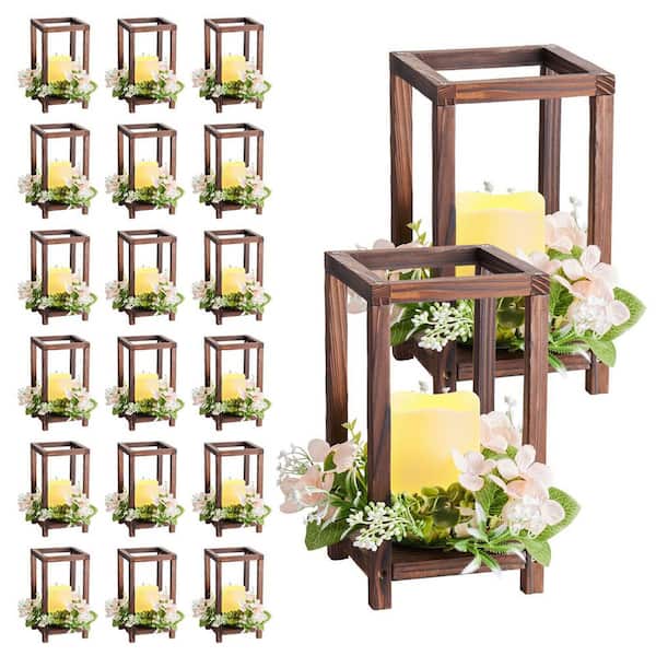 Brown Wooden Wedding Lantern Centerpiece, Includes 20-Wooden Lantern Candle Holder 20-Flameless LED Candle, 20Set/60Pcs