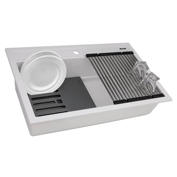 Ruvati epiCube 31 in. Drop-in Topmount SIngle Bowl Workstation Kitchen Sink in Matte White Granite Composite