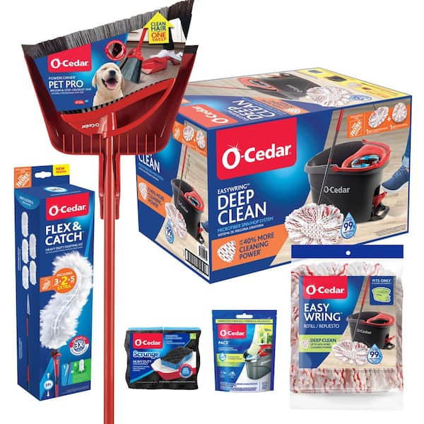 EasyWring DeepClean Bucket System + Microfiber Spin Mop Refill, Flex & Catch Duster, PACS Floor Cleaner, Broom, Scrunge