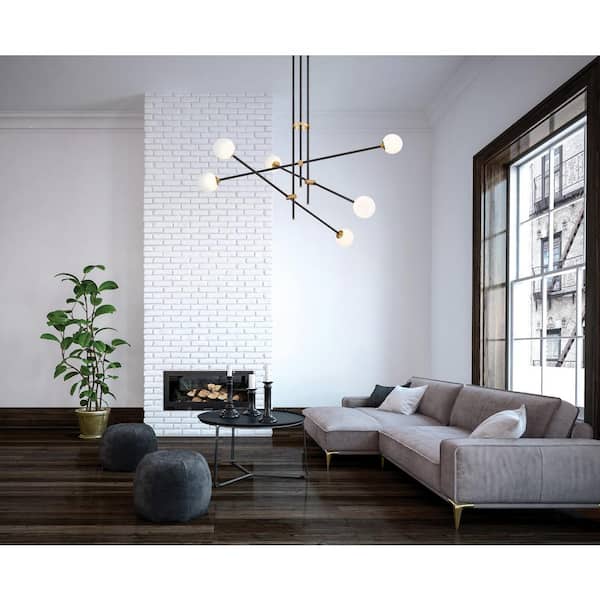 6-Light Black and Aged Brass Chandelier with Etched Opal Glass