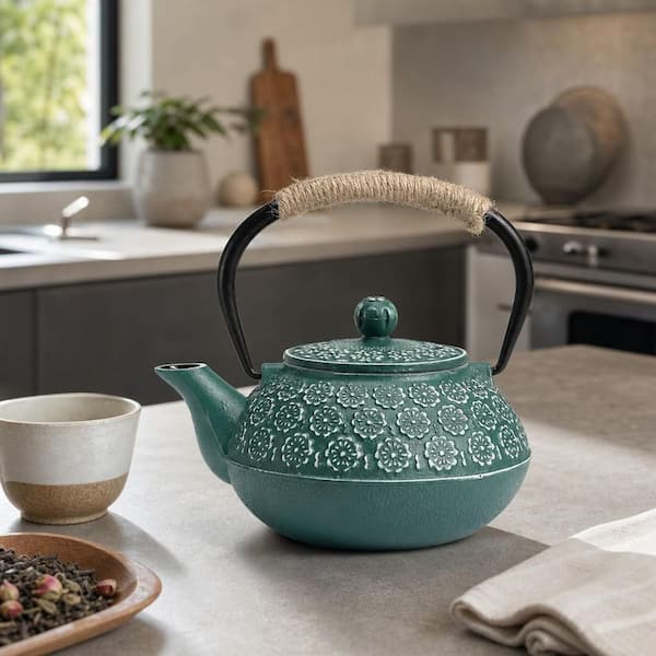Wudkey 4-Cup Green Cast Iron Tea Pot, 30 oz. Japanese Tetsubin Tea