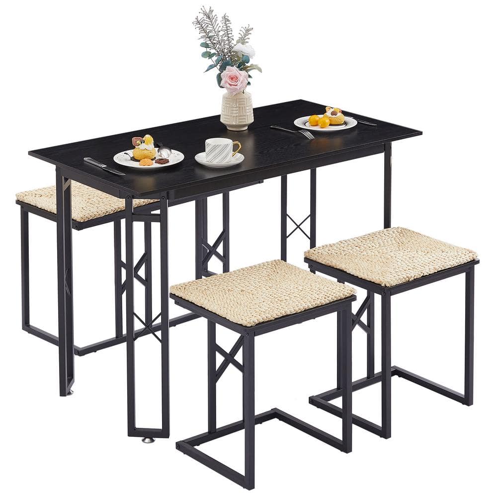 VECELO Dining Table Set for 4 Black Wood Dining Table with 3 Benches