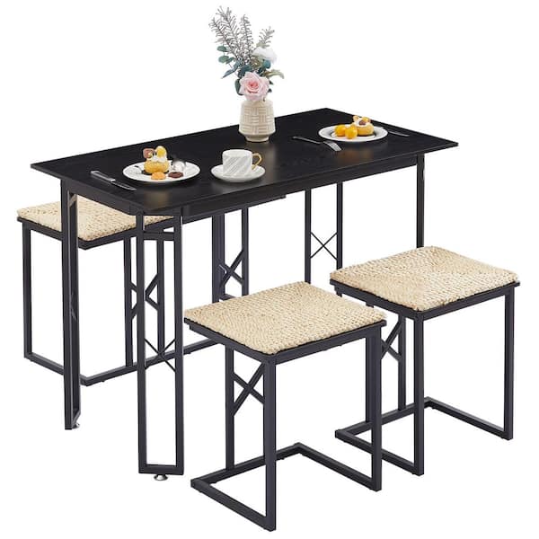 VECELO Dining Table Set for 4 Black Wood Dining Table with 3 Benches, Woven Cushion and Adjustable Feets Dinning Set, 43.3 in.