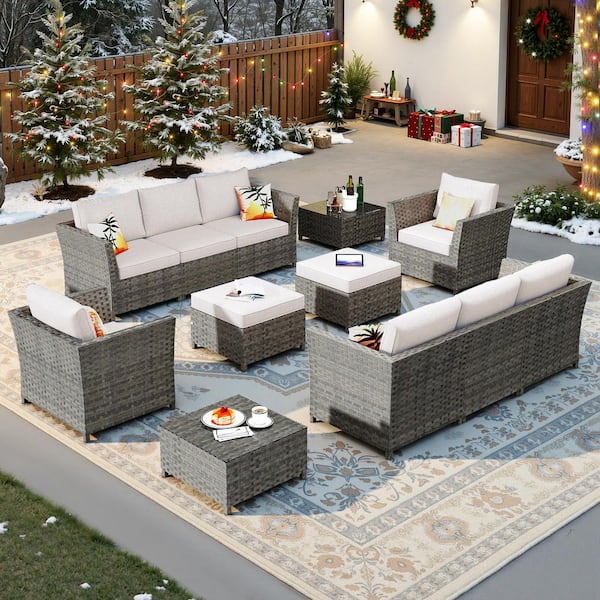 Jasmine 12-Piece Wicker Outdoor Sectional Set with Beige Cushions