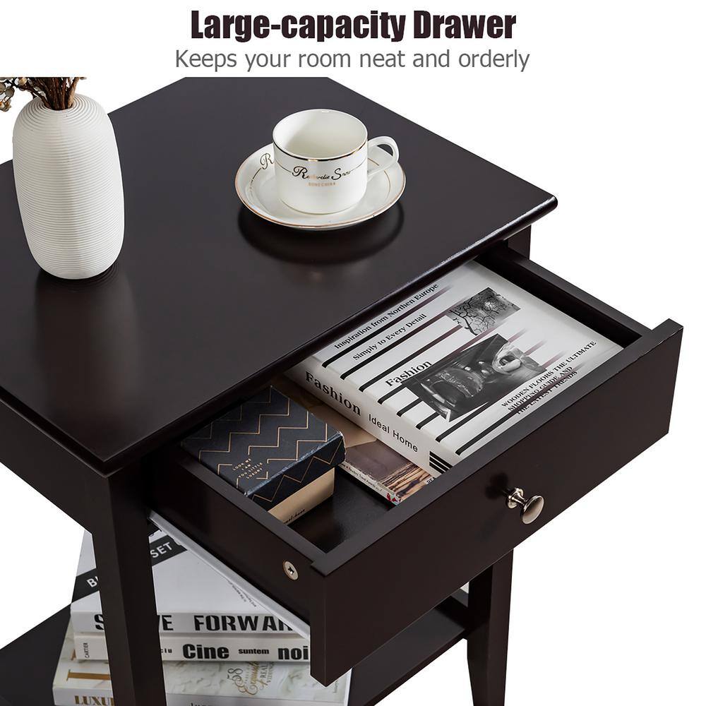 Compact Brown Wood Nightstand with Drawer and Shelf