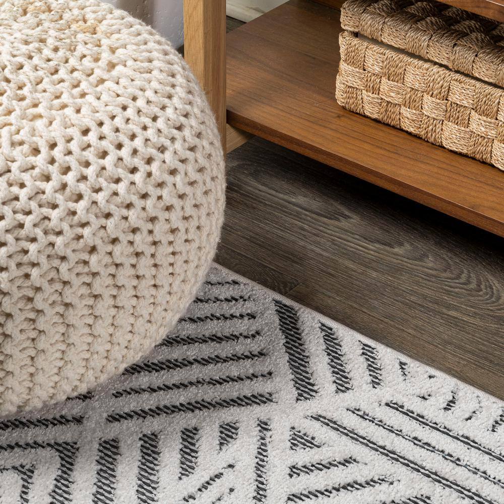 Ivory and Black Geometric High-Low Pile Runner Rug
