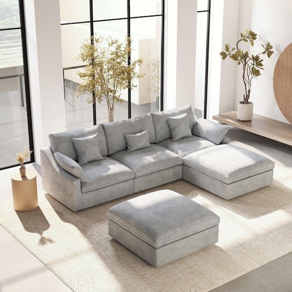 120 in. Square Arm 5-Piece Linen Upholstered Cloud Modular Sectional Sofa 3-Seater w/ Ottoman, Washable Covers in Gray