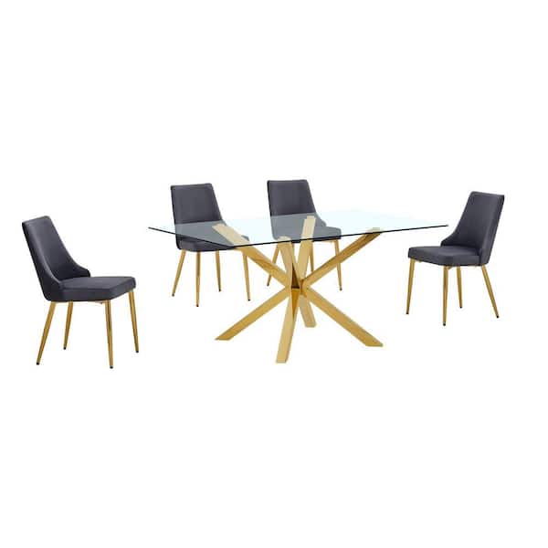 Tom 5-Piece Clear Glass Top Cross Leg Base Dining Set with 4-Dark Grey Gold Chrome Chairs