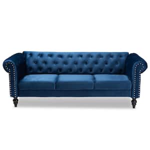Emma 83.1 in. Navy Blue/Black Fabric 3-Seater Chesterfield Sofa with Round Arms