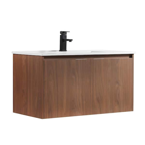 JimsMaison 36 in. W x 18 in. D x 18.90 in. H Bath Vanity Set in Brown with White Ceramic Vanity Top with White Basin