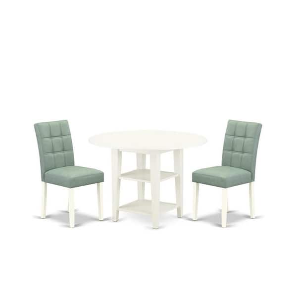 East West Furniture 3-Piece Linen White Finish Round Solid Wood Top Dining Table Set
