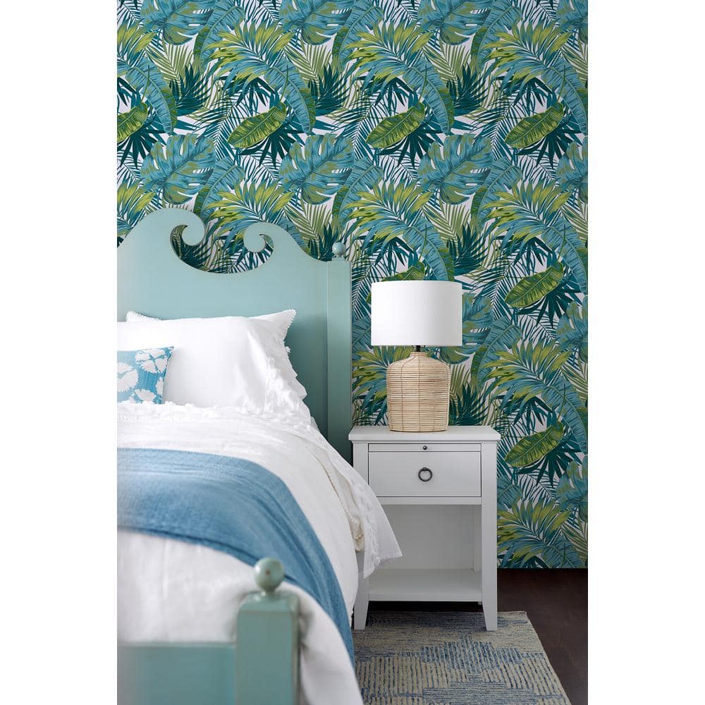 Tropical Palm Teal and Green Vinyl Peel and Stick Wallpaper