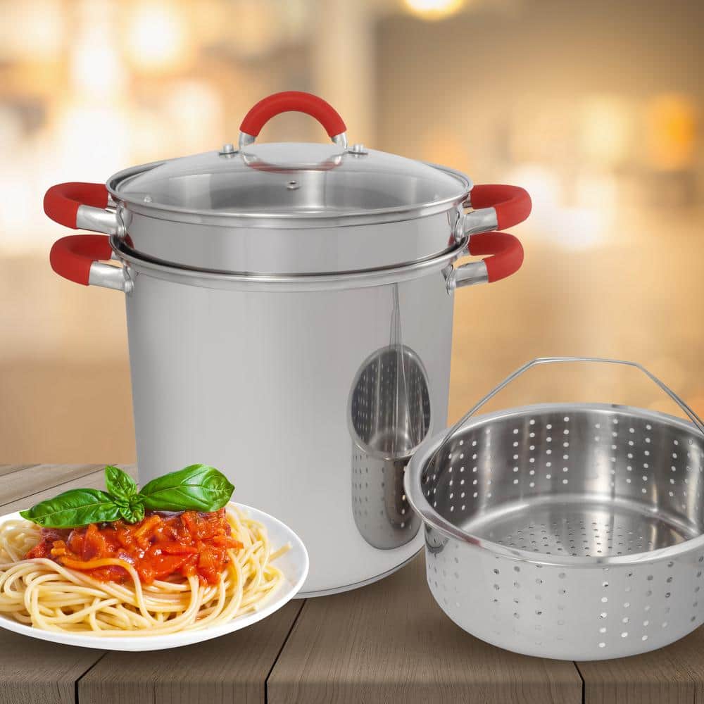 12 Qt Stainless Steel Multi-Cooker with Red Silicone Handles and Basket Insert