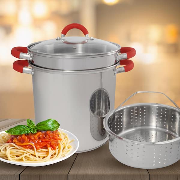 ExcelSteel 12 Qt. Stainless Steel Multi Cooker Pasta Pot with Lid and Red Silicone Handles 526