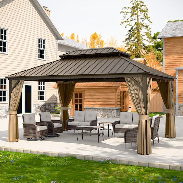 COOS BAY 16 ft. W x 12 ft. D Galvanized Steel Roof Aluminum Hardtop Gazebo with Curtain and Netting