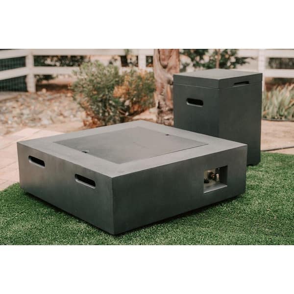 KANTE 34.8 in. W x 12 in. H Outdoor Square Concrete Metal Propane Gas Fire Pit Table in Charcoal with Tank Cover Storage Box