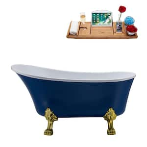 55 in. Acrylic Clawfoot Non-Whirlpool Bathtub in Matte Dark Blue With Brushed Gold Clawfeet And Glossy White Drain