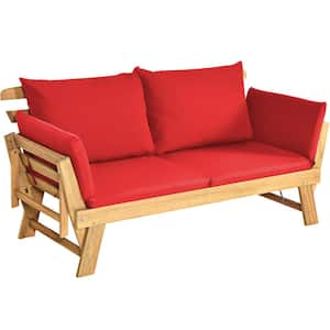 Adjustable Patio Sofa Daybed Acacia Wood Furniture with Red Cushions