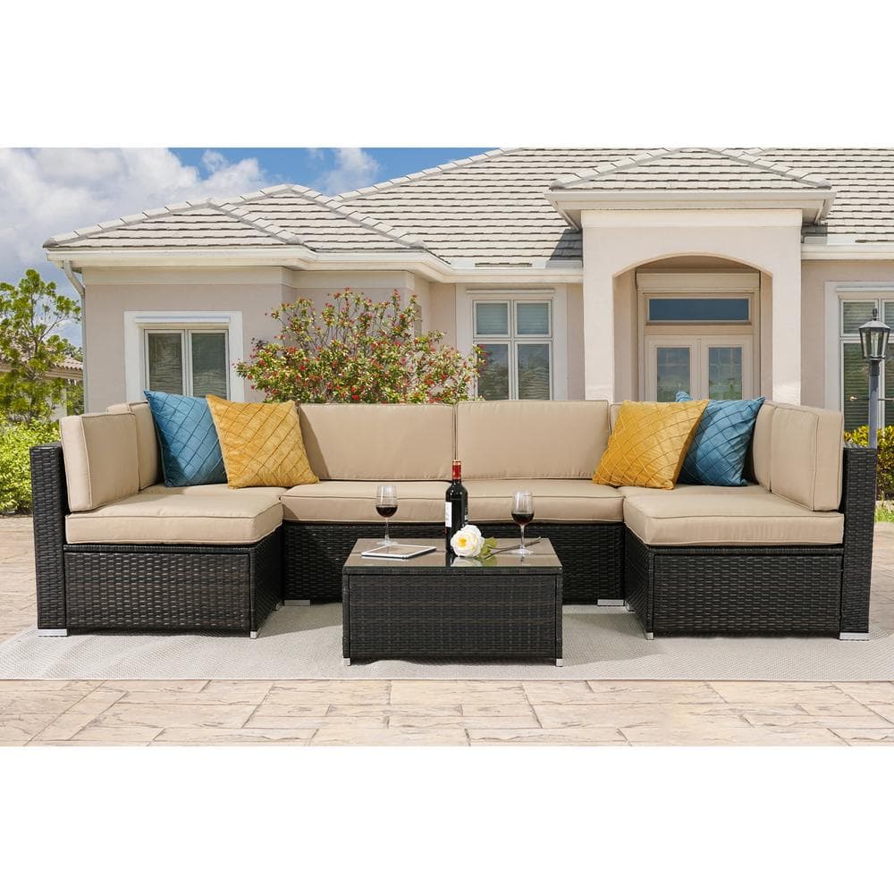 Sonkuki Brown 7-Piece Rattan Wicker Outdoor Patio Sectional Sofa Set ...