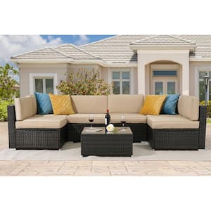 Brown 7-Piece Rattan Wicker Outdoor Patio Sectional Sofa Set with Thick Beige Cushions and Tempered Glass Table